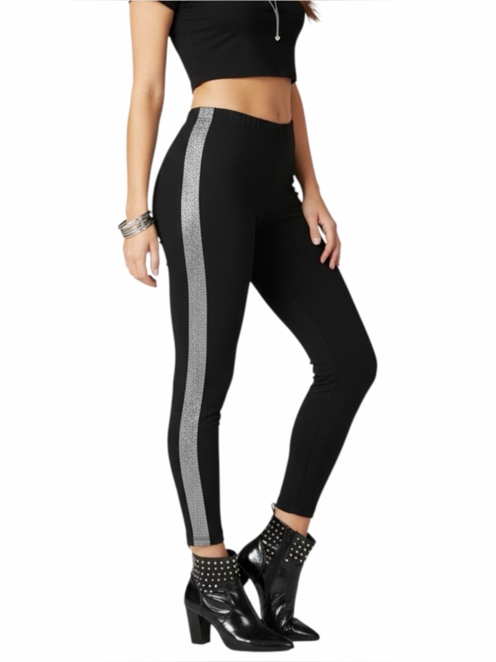 Y2K Only Hearts Metallic Stripe Leggings Black Women's Size L USA Vintage